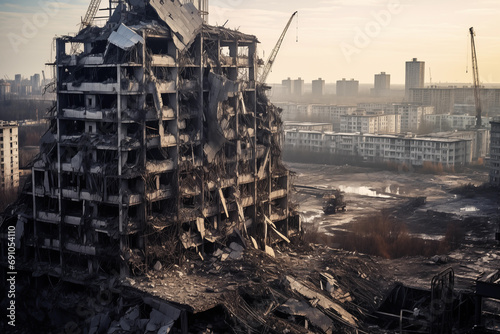 The city was destroyed by the raids. Cityscape in ruins, capturing the impact of destruction photo