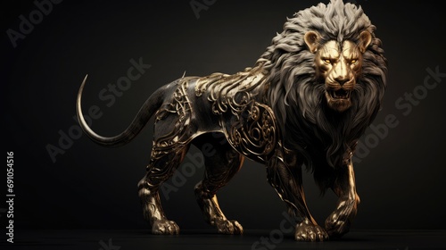 A rare golden lion, whose fur is shining with golden light, and some mysterious tattoos on its body
