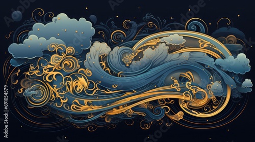 A set of chinese characters in blue and gold, in the style of art nouveau organic flowing lines, 
