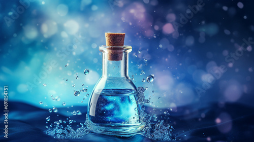 Close-Up of Molecule and Bubble Serum on Clear Water Background - Beauty and Skincare Concept for Fresh and Healthy Skin, Spa Treatment with Vibrant Blue Texture.