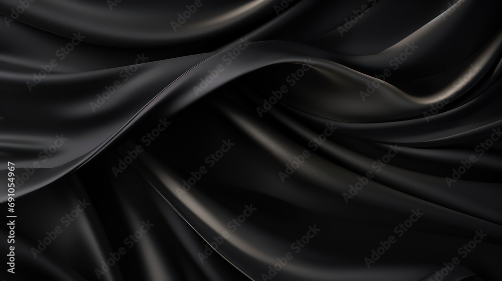 Abstract background metallic black silky fabric, realistic swirling textile illustration,