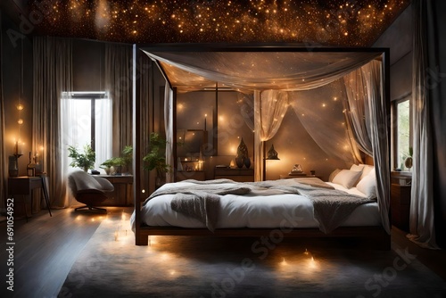 interior room luxurious design of the bedroom decorated with rainbow ceiling lights and aquarium filled with the gold fishes neon light interior room design decorated with blue and pink color light