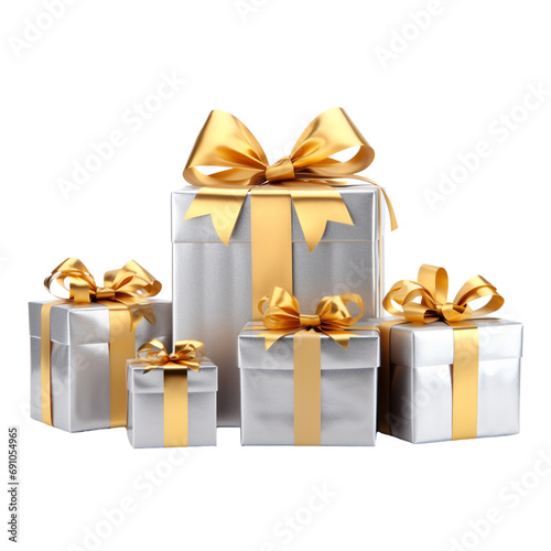 Silver gift boxs with gold ribbon and a bow, luxury boxs