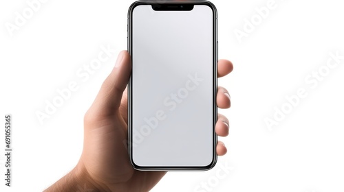 Mobile phone mockup with blank white screen in human hand, 3d render illustration put on a sweater, hold a smartphone Mobile digital device in arm isolated on white