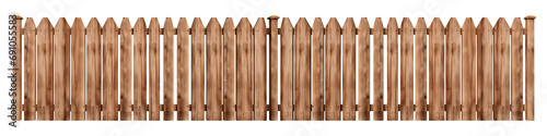 Wooden fence on a transparent background, front view. Long strip of wooden fence on a transparent background. Fencing in the style of an old village.