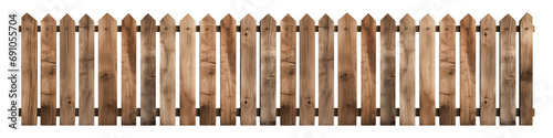 Wooden fence on a transparent background, front view. Long strip of wooden fence on a transparent background. Fencing in the style of an old village.