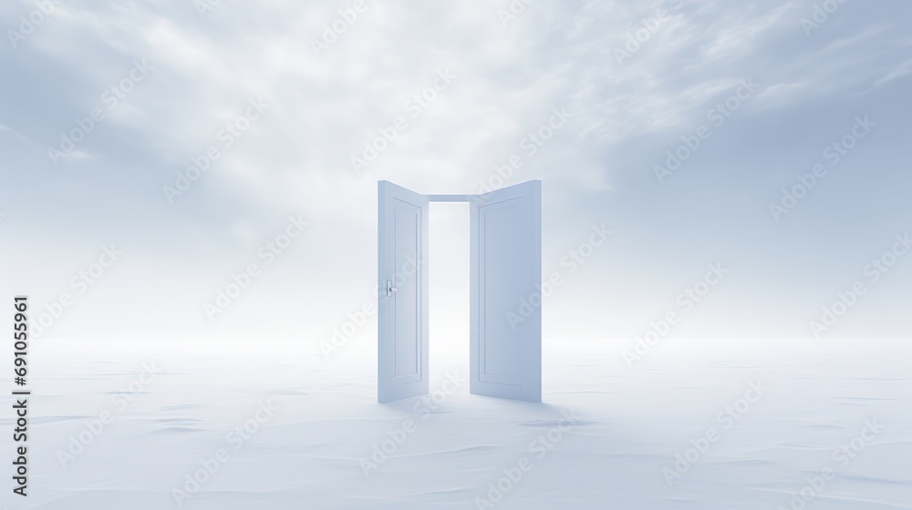 An open white door against a white background, in the style of alex andreev, unreal engine, - obrazy, fototapety, plakaty 
