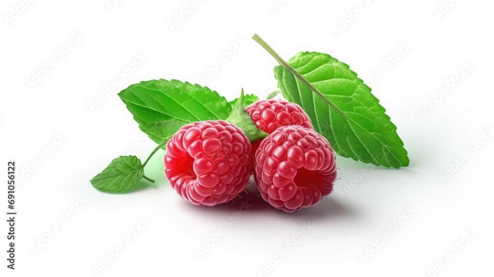 Close-up of a raspberry with leaves. Generative Ai. Close-up of a raspberry with leaves. Generative Ai.