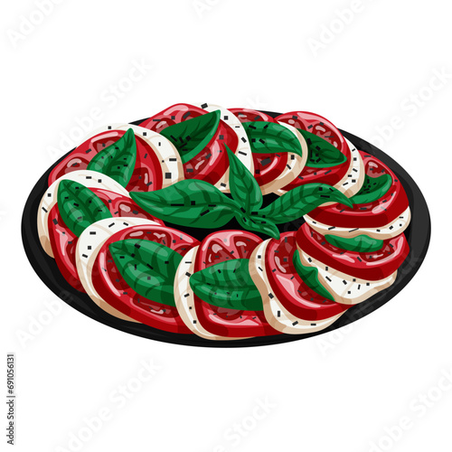 Caprese salad in cartoon style. Italian dish with mozzarella, basil and pepper on a dark plate. Vector illustration isolated on a white background.