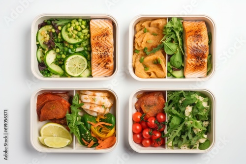 top view of lunch boxes with food rice, meat, salmon  vegetables and fruits centered on white background photo