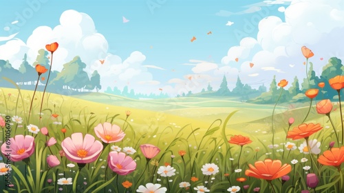 Canvas-taulu Blooming meadows cartoon landscape, sunny day.