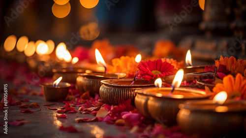 The mesmerizing glow of diyas and candles  casting a warm and ethereal light during evening prayers.