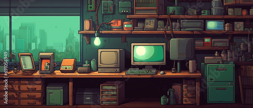 A retro-inspired digital pixel art background with a nostalgic or technological aesthetic.