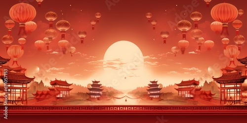 Chinese celebration, red border background, lanterns, Tiananmen Square, auspicious clouds, folding fans, rich colors, vector graphics, ultra high definition, clear details, 8K photo