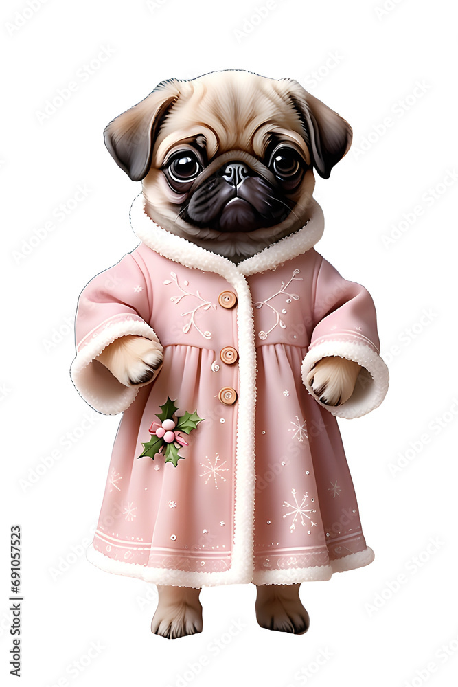 pug puppy with Christmas decoration isolated on transparent background