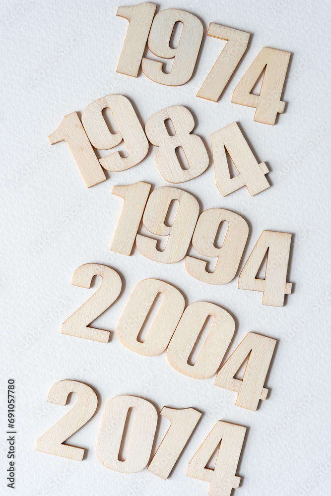 the years 1974, 1984, 1994, 2004, 2014 on plain paper - version 1