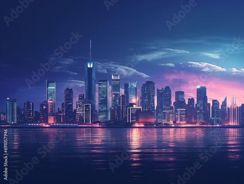 A stunning cityscape at dusk  with illuminated buildings casting a warm glow.