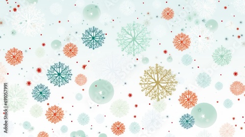 Illustrative style of a bunch of pastel color snowflakes with green and red ball shaped ornaments on white background, sharp/prickly, kinetic patterns, tondo, warmcore photo