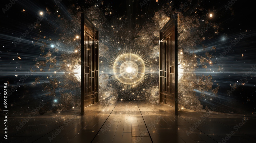 Interconnected internet particle particle world, through a door ...
