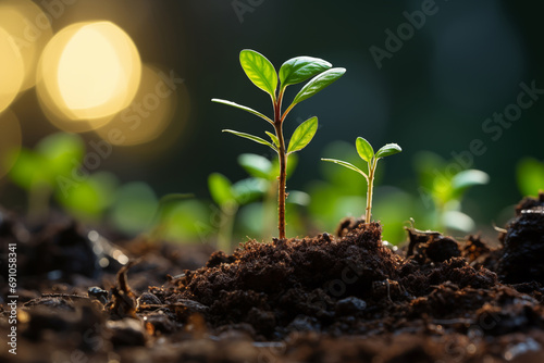 Young green seedlings growing from rich soil, new sprout of a plant. Generate Ai