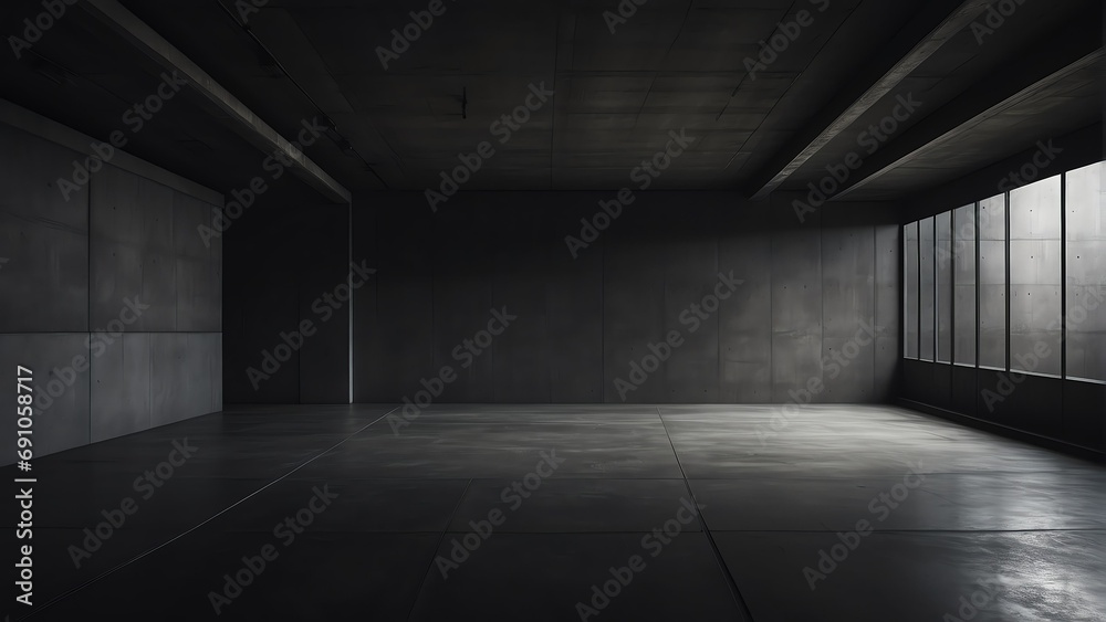 Empty black dark room with concrete flooring and concrete walls from Generative AI