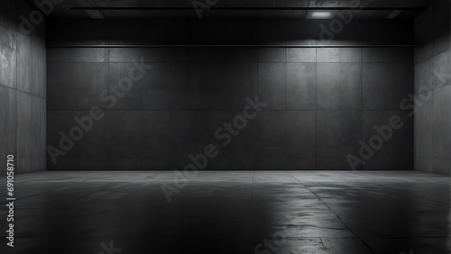 Empty black dark room with concrete flooring and concrete walls from Generative AI © sevenSkies