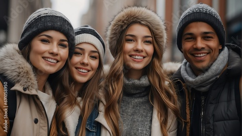 Winter Stroll: Close up portrait of Joyful Next Gen Z Lifestyle – Diverse Friends Enjoying Outdoor Fun on City Streets from Generative AI