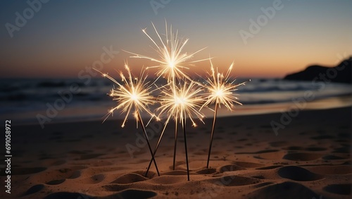 Sparklers at the beach for New Year background from Generative AI