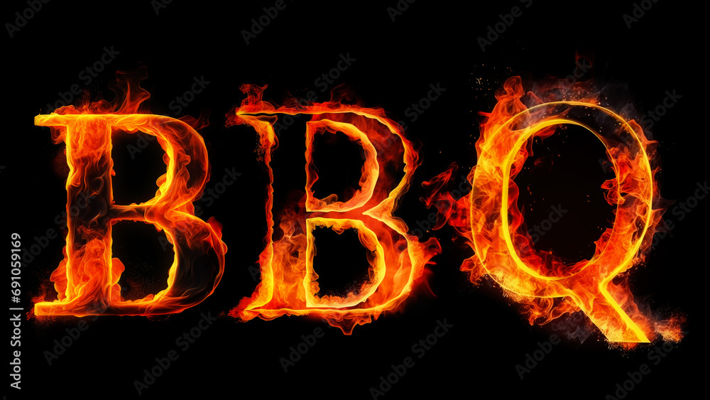 BBQ, Barbecue in fire lettere, isolated on black background BBQ, Barbecue in fire lettere, isolated on black background