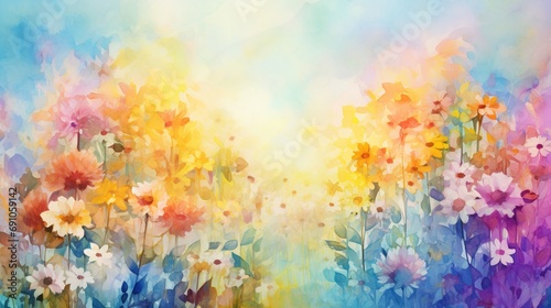 Watercolor floral concept with colorful flowers at the garden. Created with Generative AI