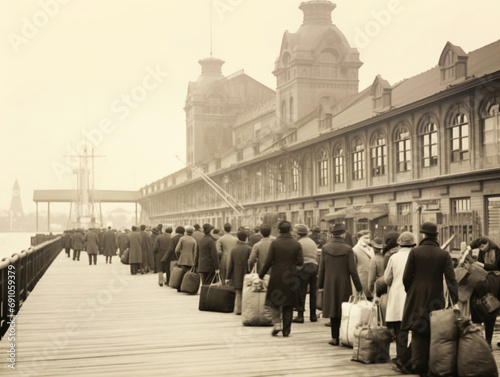 An historic photograph capturing immigrants arriving at a location during the early 20th century. photo