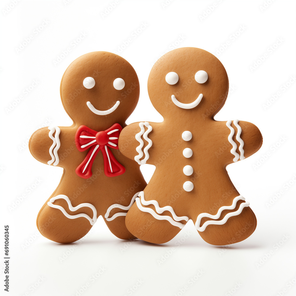 Hand-decorated pair of gingerbread man, cookies isolated on white background. For holiday baking themes and festive recipe content, baking blogs and culinary workshops
