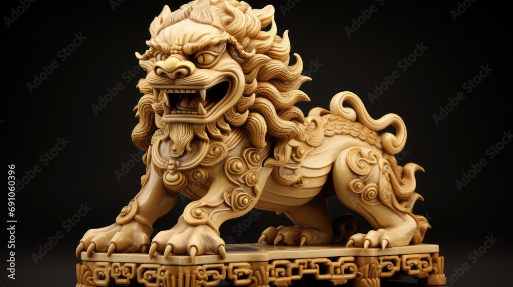 Golden stone lion statue, in the style of high-contrast shading, tooth wu, decorative paintings, 