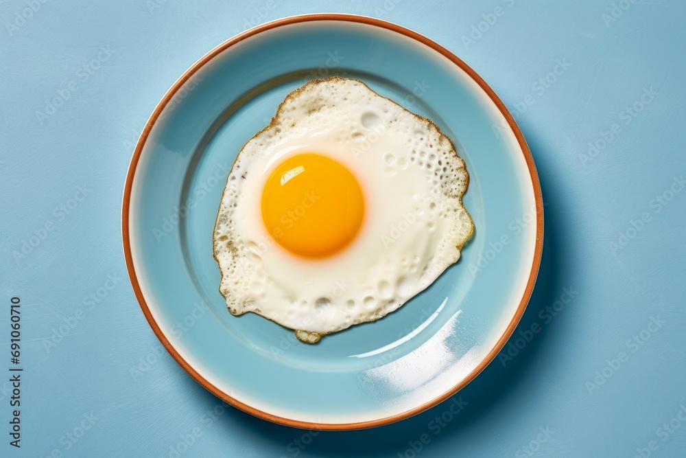 Fried egg on blue plate top view
Fried egg on blue plate top view