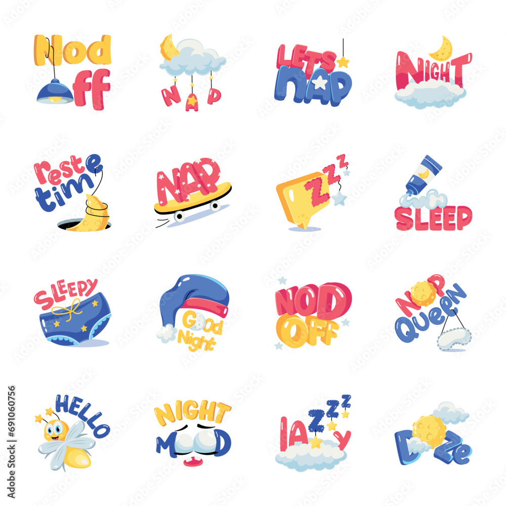 Fototapeta premium Trendy Set of Night Time Flat Stickers