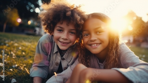 Portrait of cute two children lying on stomach on park in evening