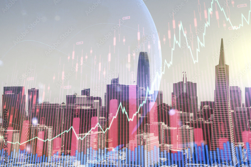 Multi exposure of virtual abstract financial graph hologram and world map on San Francisco cityscape background, financial and trading concept Multi exposure of virtual abstract financial graph hologram and world map on San Francisco cityscape background, financial and trading concept