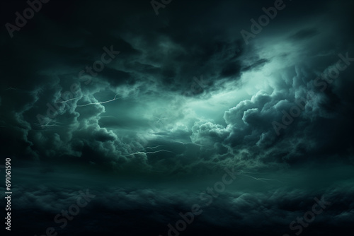 A dramatic night sky unfolds in shades of black  dark greenish-blue  creating an ominous backdrop of stormy rain clouds. The atmosphere is filled with gloomy foreboding  featuring thunderstorms  hurri