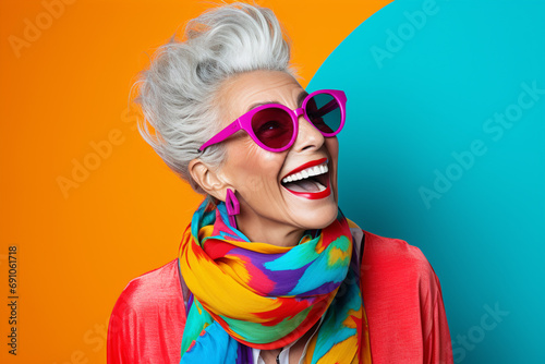 Matured funny woman with wrinkles in her face wearing colorful cloths in an abstract minimalist background. beautiful happy mid age woman wearing cosmetics sunglasses and neck covered by a fancy scarf photo