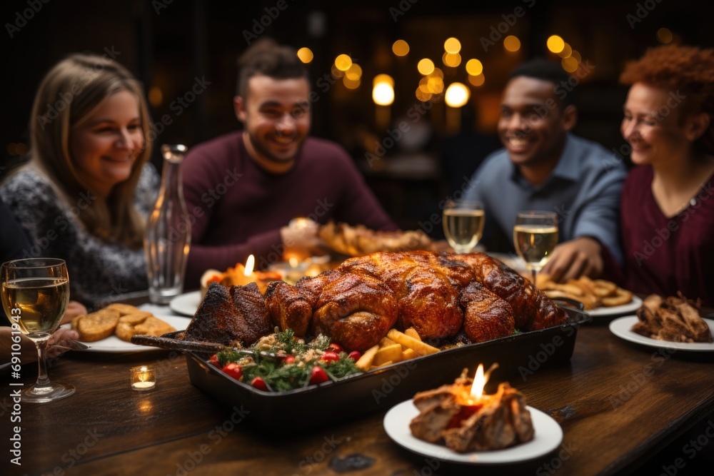 group of happy friends sitting near big table ,drinking alcohol and celebrating Christmas group of happy friends sitting near big table ,drinking alcohol and celebrating Christmas
