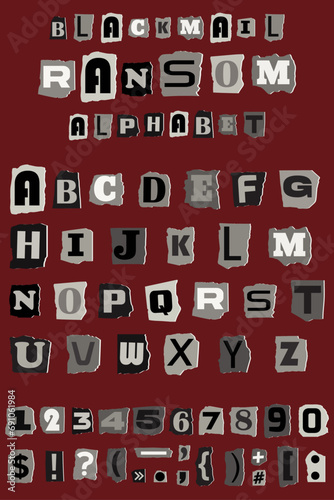 Ransom gray Paper Cut out collage style torn letters vector alphabet. Blackmail Ransom Kidnapper Anonymous Note Font Letters, Numbers and punctuation symbols. Criminal ransom letters. Compose your own