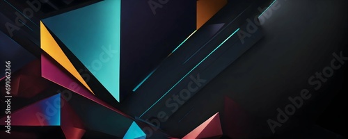 geometric lines and planes, black background, shiny texture, gradient from the center. figures with a three-dimensional appearance using shading, light and perspective techniques, colors that contrast