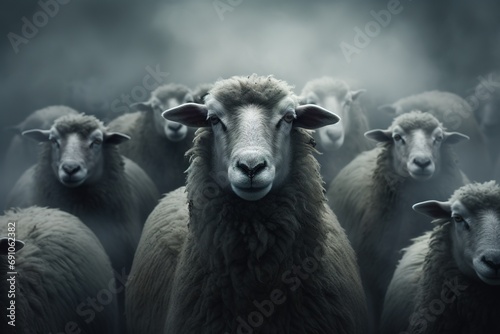a black sheep standing out in a crowd of white sheep. The black sheep symbolizes the concept of being different or standing out from the crowd photo