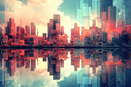 futuristic cityscape with tall buildings and reflections in the water. The warm color palette of orange and blue tones creates a modern urban atmosphere.