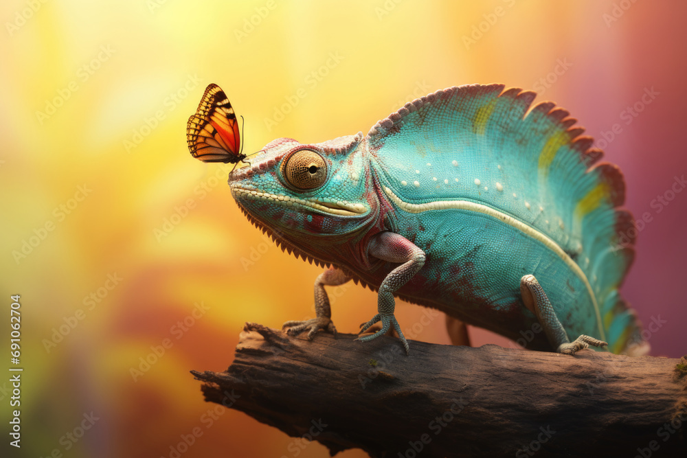 Cute blue chameleon sitting on a log with a butterfly on his nose against a sunny blurry background.