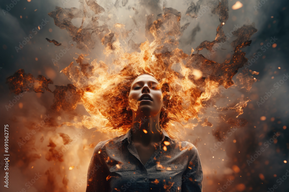 Creative concept of psychological burnout and mental health. Portrait of a burning and destroying woman on the background of fire.