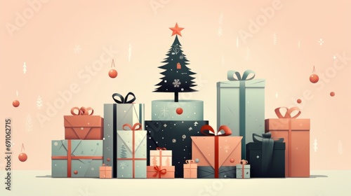 Christmas tree and gifts illustration in a minimalist style. Christmas time, Holiday. Christmas fairy tale.  © Vladimir