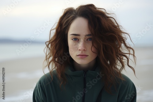 Psychological portrait of a blue-eyed curly-haired brown haired girl outdoors.