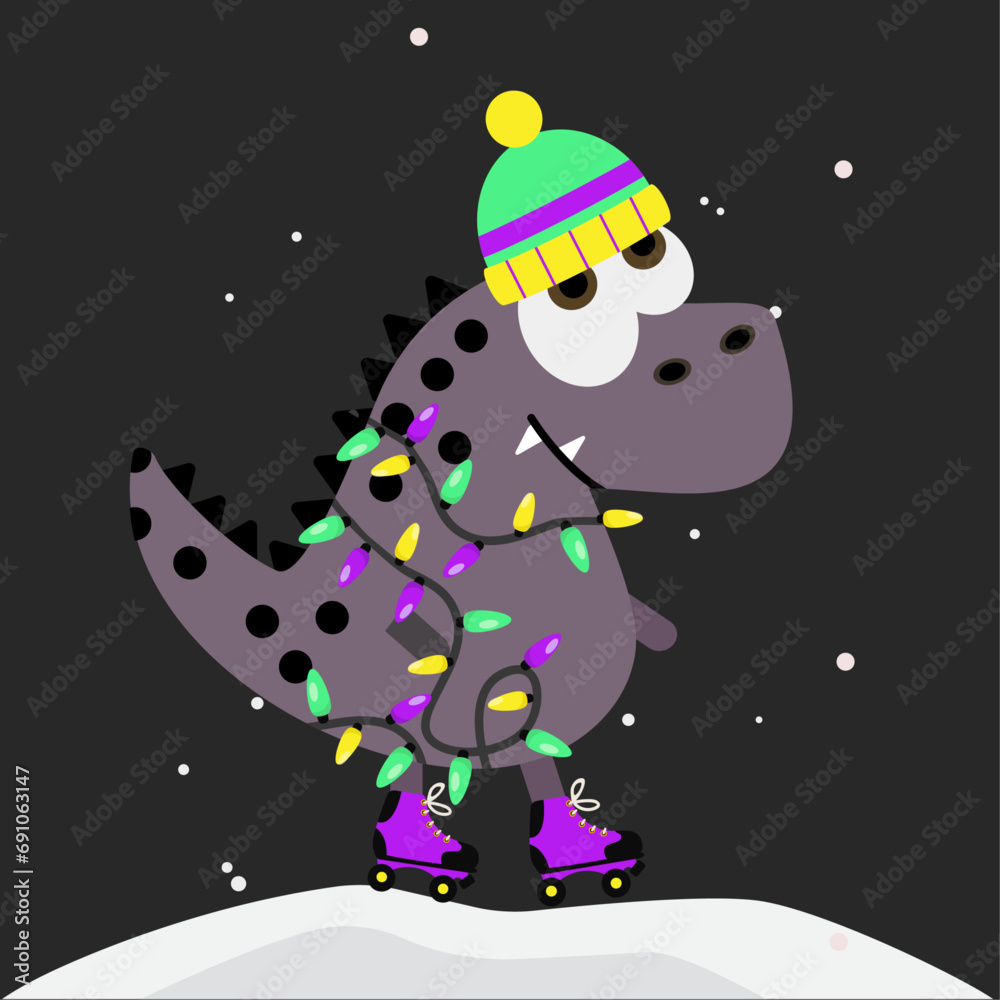 Happy Holidays Illustration with Dinosaur Wearing a Hat, Christmas Tree Lights 