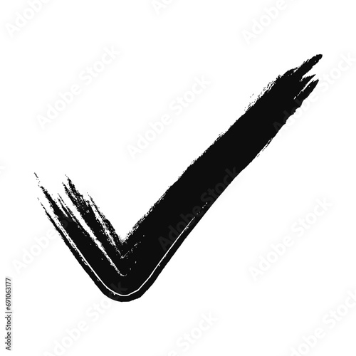 Black check mark on a white background, grunge inc brush drawn icon. Vector